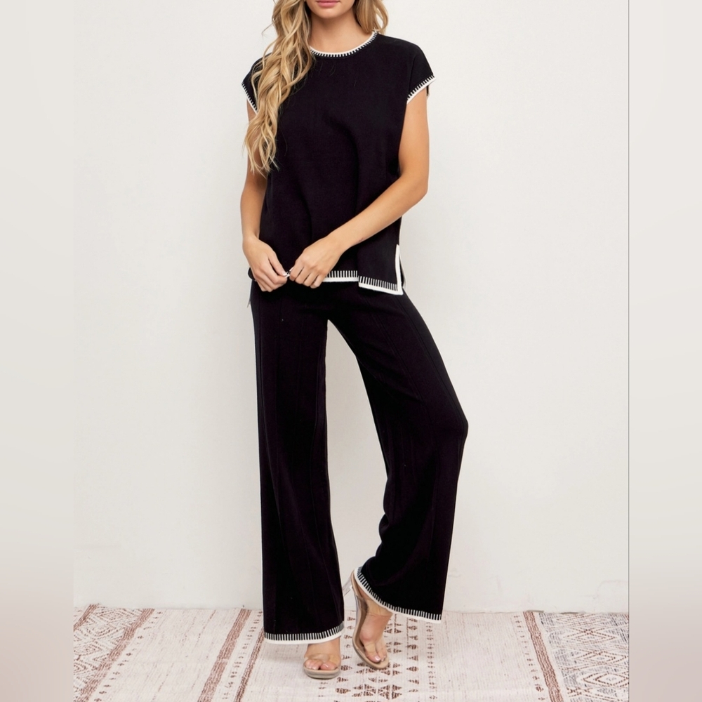 #51587 🛑L HIGH END Knit Sleeveless Top & Pants Set w/ Contrast - Picture 2 of 6